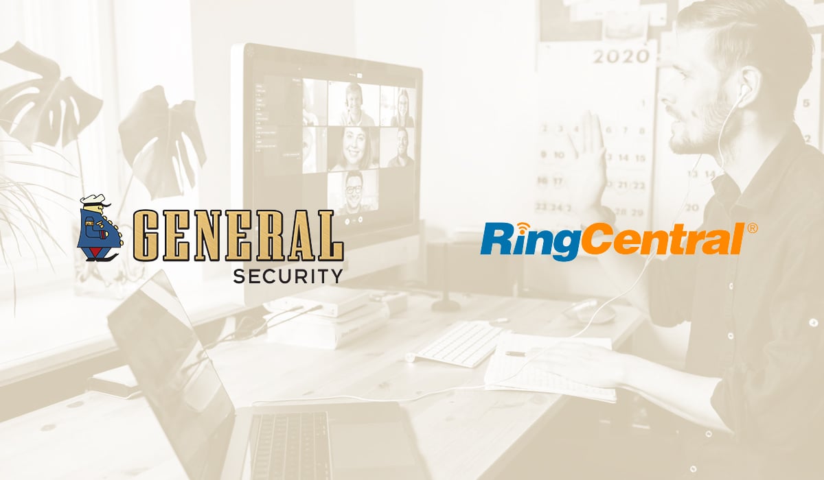 General Security and RingCentral Partnership logos with ghosted image of man on computer looking at security monitoring