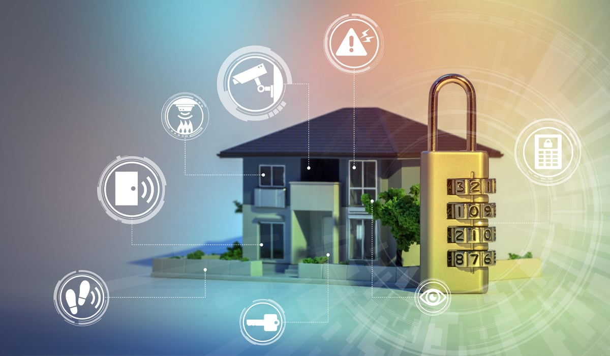 Home with big lock in front along with icons of security features and accessories