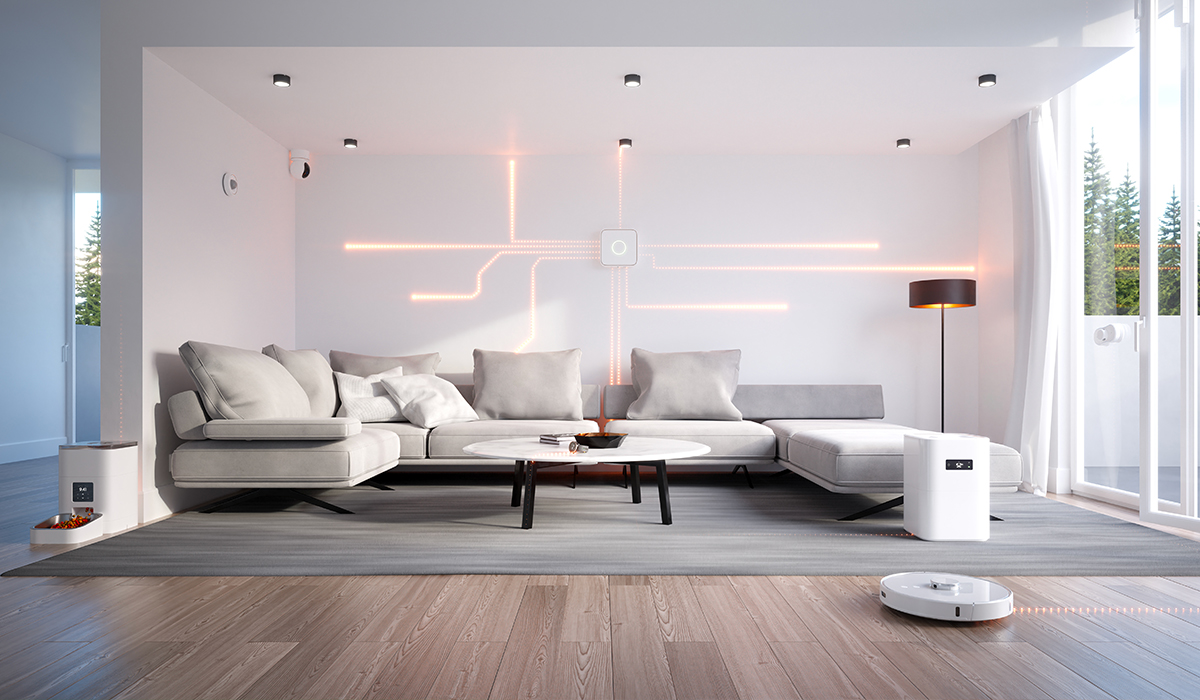Modern bright living room with tech like lines implying smart home features