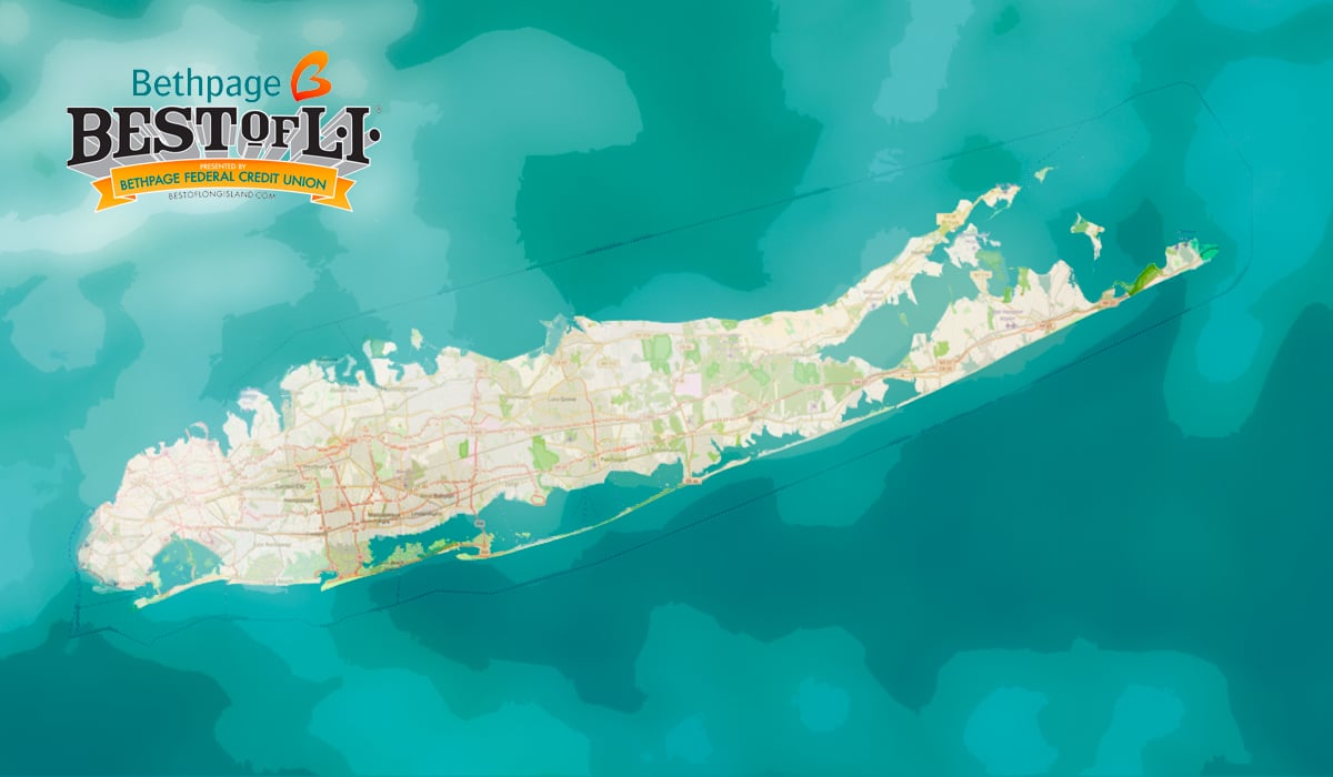 Turquoise background with map of long island and logo for Best of Long Island