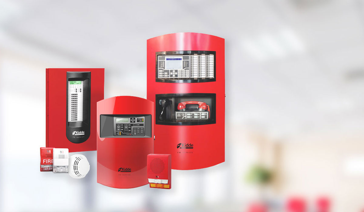 Multiple fire alarm products on blurred background